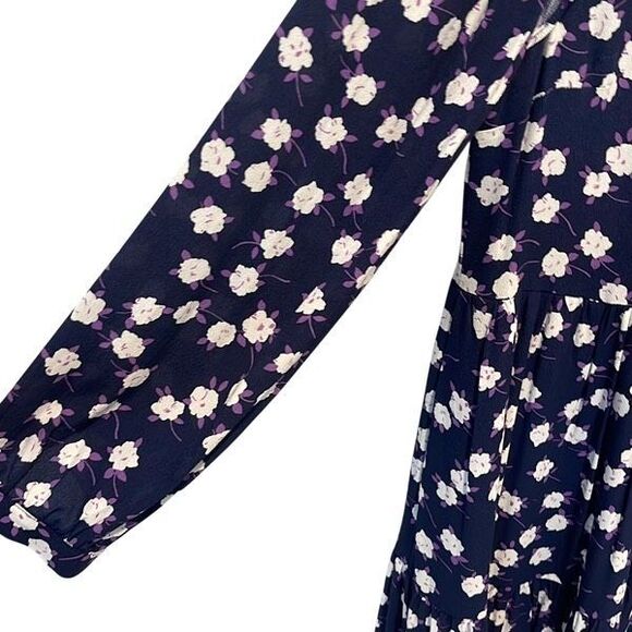 J. Crew Tie-neck tiered dress in scattered peony print Navy White Purple Size Sm - Picture 7 of 11